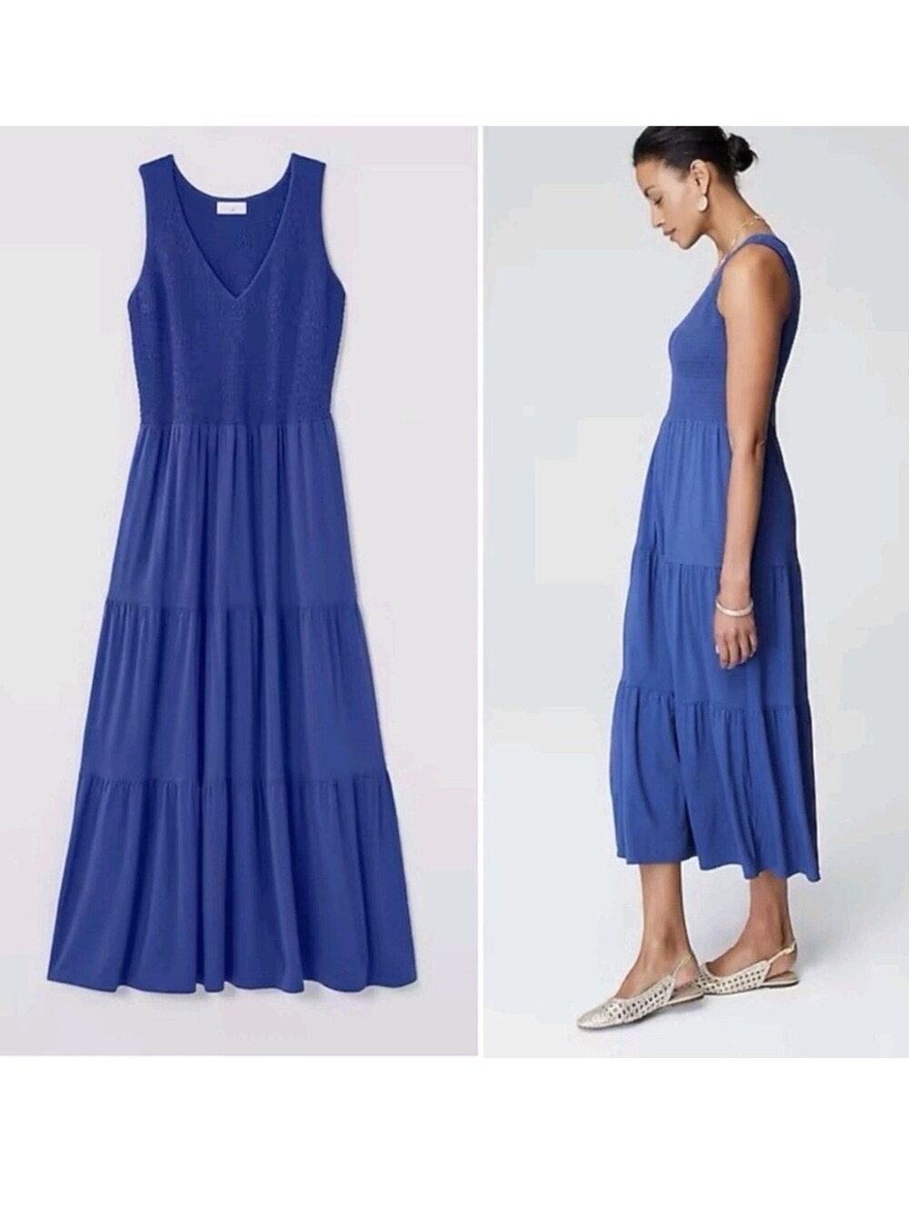 J. Jill Smocked Tiered Midi Dress V Neck Stretch Size XL Blue Cottage Coastal